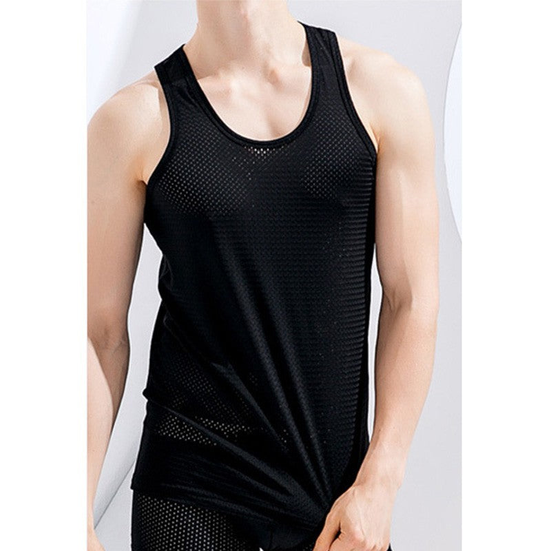 Summer Quick-Drying Thin Breathable Ice Silk Vest Men Tops Sport T Shirts Sleeveless Mesh Hole Tank Tops Gym Clothing Outer Wear