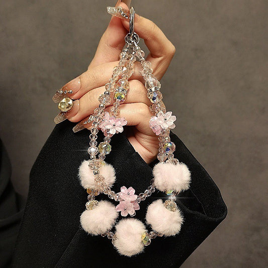 Autumn/Winter Plush Phone Strap Floral Beaded Crystal Pom-Pom Handbag Chain New Trendy Accessory for Smartphones