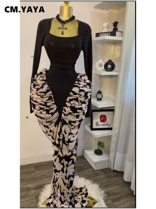 CM.YAYA Women Print Patchwork Stacked Ruched Long Sleeve Bodycon Midi Maxi Long