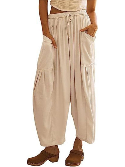 Women's Stretched-waist Pleated High-waisted Wide-leg Trousers Spring Autumn Fashion Cotton Linen Pocket Casual Trousers Woman