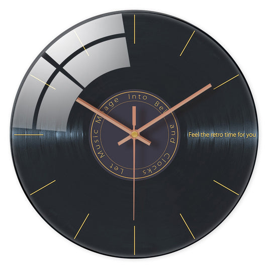Creative Music Element Vinyl Record Pattern Tempered Glass Wall Clock Living Room Bedroom Kitchen Home Decoration Wall Clock Silent Quartz Clock Holiday Gift 12 Inches 14 Inches 16inch (Without Batteries)