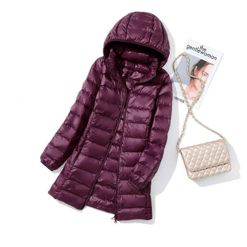 Hoody Long White Duck Down Coat Autumn Winter Portable Hooded Puffer Down Jacket Women Casual Double Zipper Windproof Thin Light