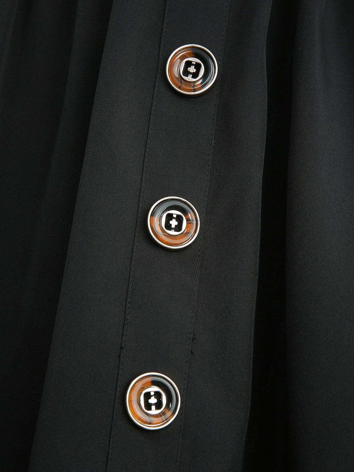 ROSEGAL Plus Size Women's Vintage Stretch High Waist Flared Midi Skirts with Pockets Black Casual Mock Buttons Layered Skirt 5XL