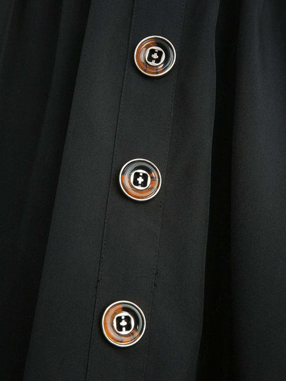 ROSEGAL Plus Size Women's Vintage Stretch High Waist Flared Midi Skirts with Pockets Black Casual Mock Buttons Layered Skirt 5XL