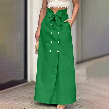 VONDA Plus Size 5XL Women Elegant Fashion Maxi Skirts 2024 Solid Color Bow Belt Casual Buttons Long Skirts Pockets Loose Bottoms