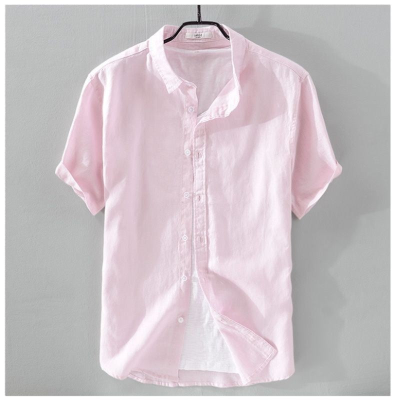 100% Linen Short Sleeve Shirt Men Cotton Linen Clothing Top Casual Summer Half Sleeve Shirt Loose Style Square Collar