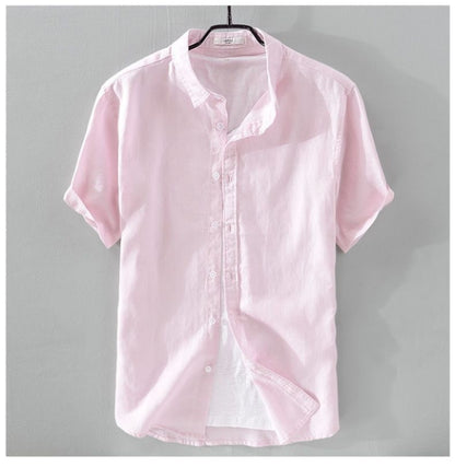 100% Linen Short Sleeve Shirt Men Cotton Linen Clothing Top Casual Summer Half Sleeve Shirt Loose Style Square Collar