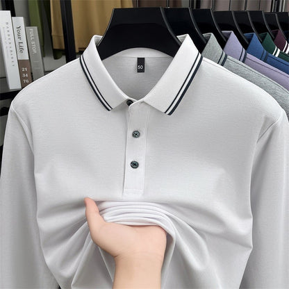 100% pure cotton high-quality long sleeve polo shirt men's autumn new style comfort casual luxury double striped lapel T-shirt