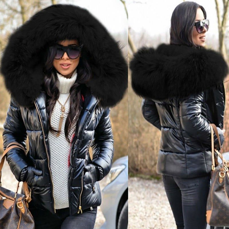 Women’s Short Coat with Fur Collar Winter Warm Quilted Jacket Outerwear