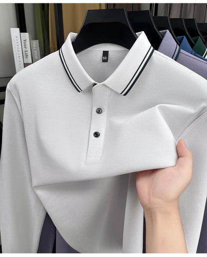 100% pure cotton high-quality long sleeve polo shirt men's autumn new style comfort casual luxury double striped lapel T-shirt