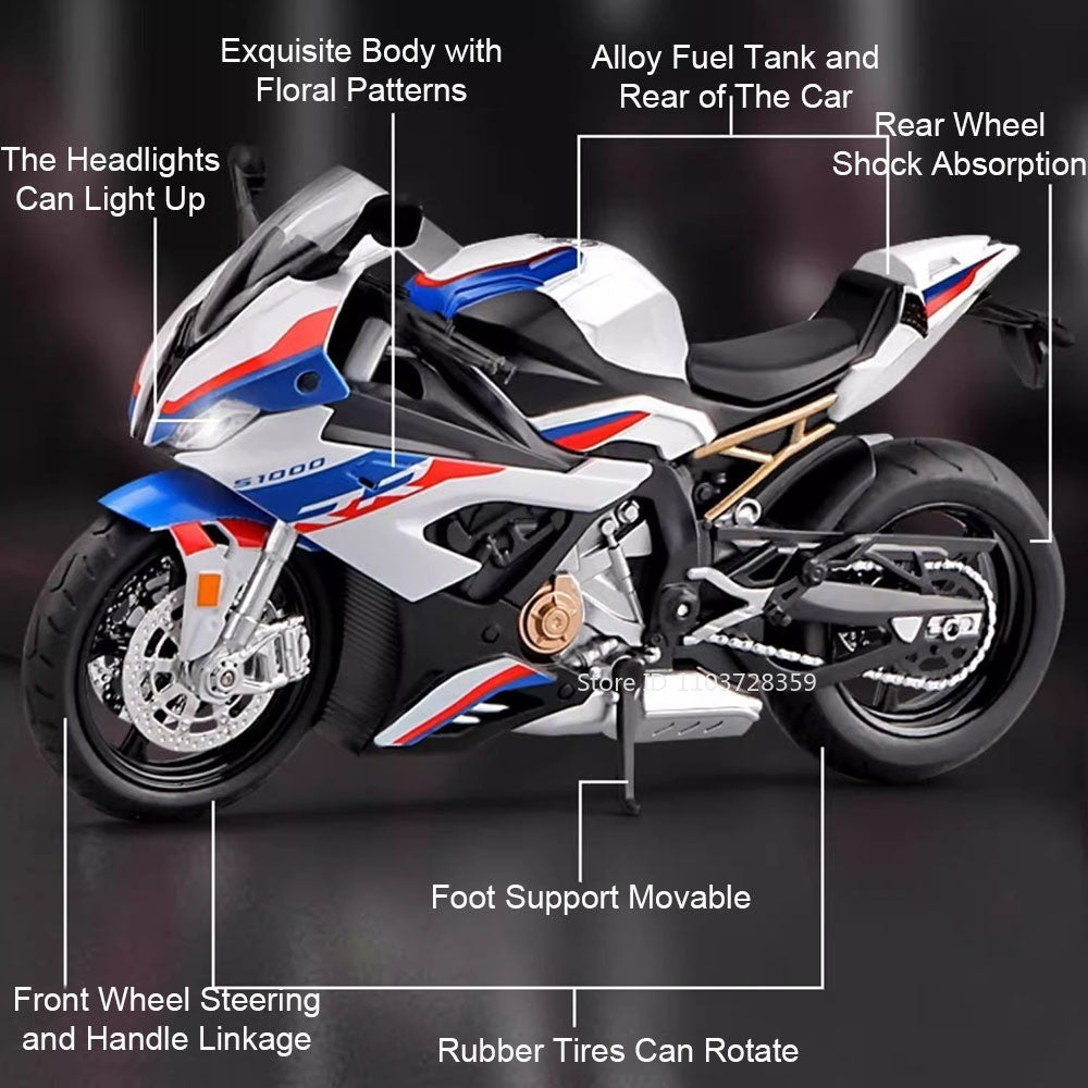 1:12 RRS1000 S1000RR Modelo de Brinquedo Motos de Liga Fundida Motocicletas Amortecimento Roda Dianteira Direcionável Pneus de Borracha Presente para Meninos