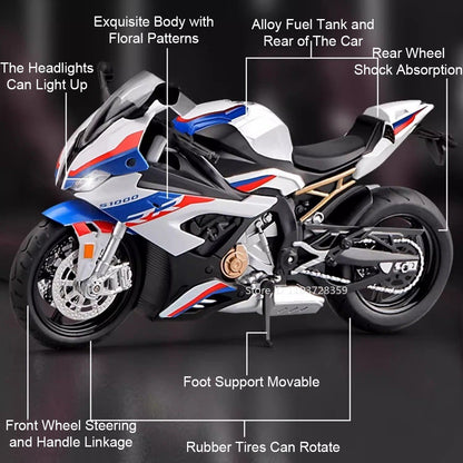 1:12 RRS1000 S1000RR Modelo de Brinquedo Motos de Liga Fundida Motocicletas Amortecimento Roda Dianteira Direcionável Pneus de Borracha Presente para Meninos