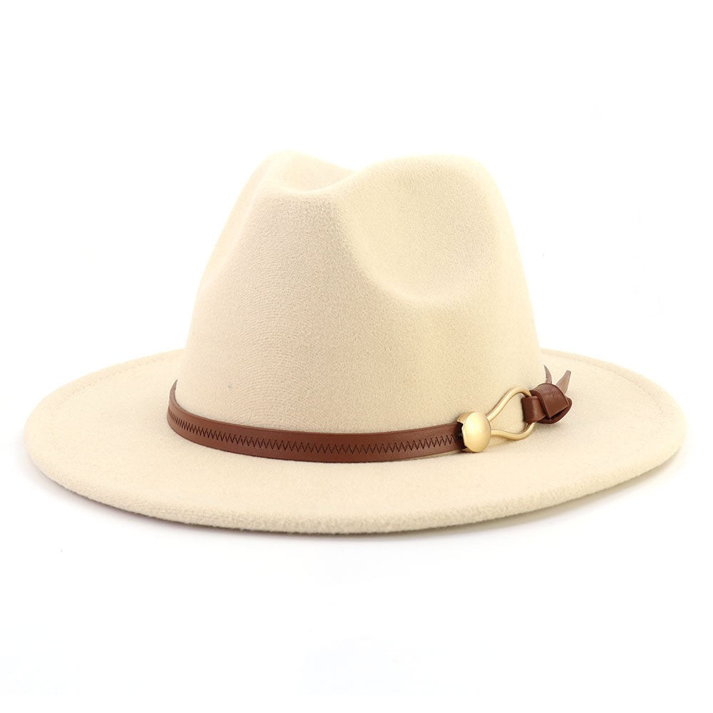 New Brown Belt Buckle Jazz Fedora Hat Autumn Winter Women Men Party Church Top Hat Wide Brim Sun Hat Felt Panama Cap