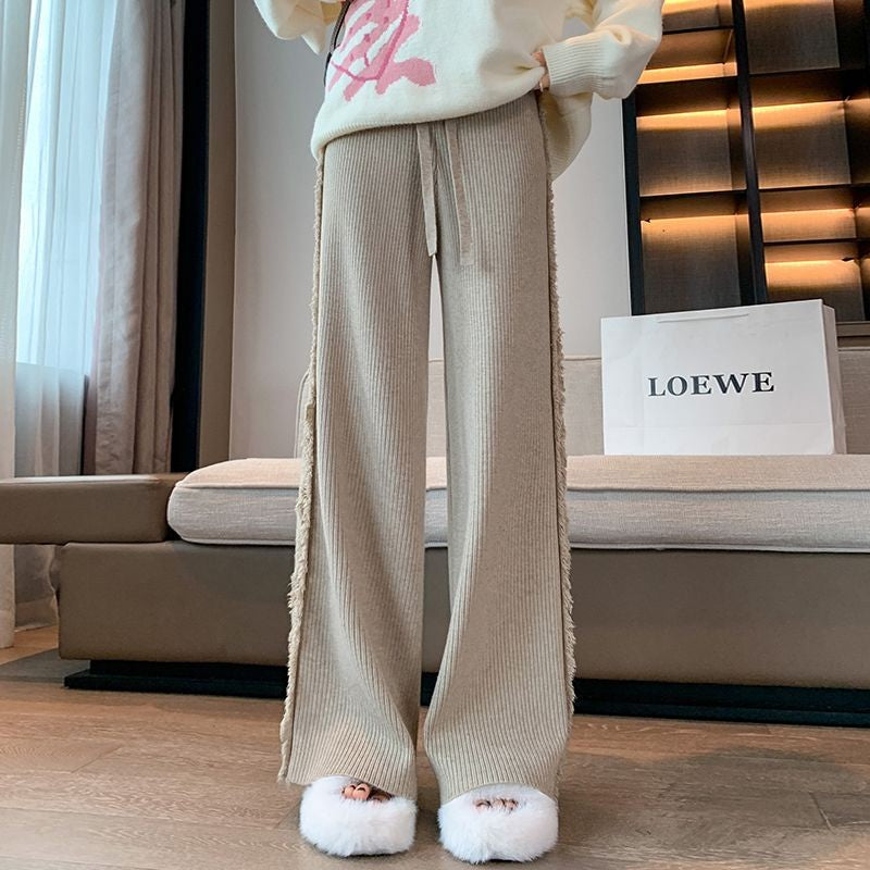 Smvp 2024Autumn Winter Casual Loose Ankle Length Trousers Lady Korean Raw Edge Drawstring Elastic Waist Slim Wide Leg Pant Women