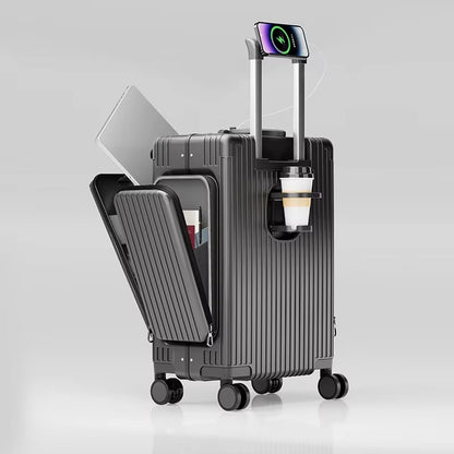 Tri-Zone Access Opening Suitcase Aluminum Frame PC Material Travel Case with Spinner Wheels Cup Holder TSA Lock Rolling Luggage