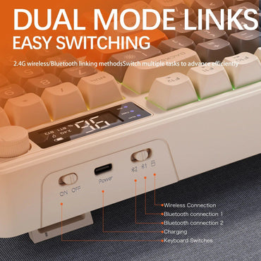 Teclado Sem Fio FreeWolf M96 com Tela, Teclado Gamer Bluetooth Conexão Dual-Mode, Conexão Multi-Dispositivos, Ergonômico