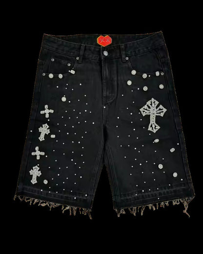 Retro Gothic Y2k Sweatpants Oversized Iron Diamond Pattern Denim Shorts for Men Hip Hop Punk Low Waist Gym Shorts Streetwear