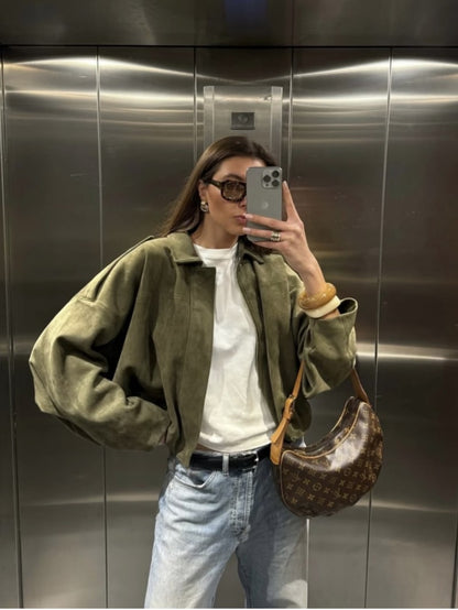 ETJ 2025  Spring new women's suede texture effect Loose version of fashion lapel shoulder bomber jacket
