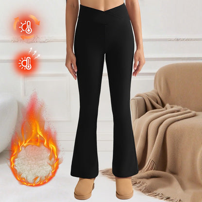 Women's Fleece-Lined Flare Pant Cross-Waist Design Thickened Winter Warm High-Waisted Tummy Control Lifting Leggings Casual Wear