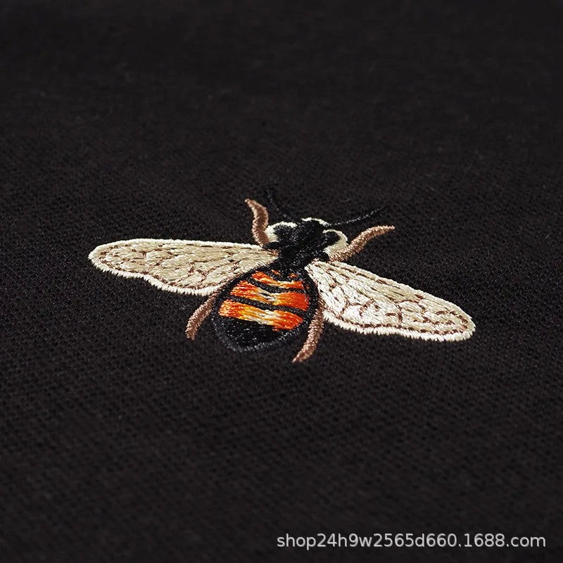 Trendy Gg European American Style Embroidered Small Bee Black Short Sleeve Stand Collar T-shirt Loose Fit Polo Shirt
