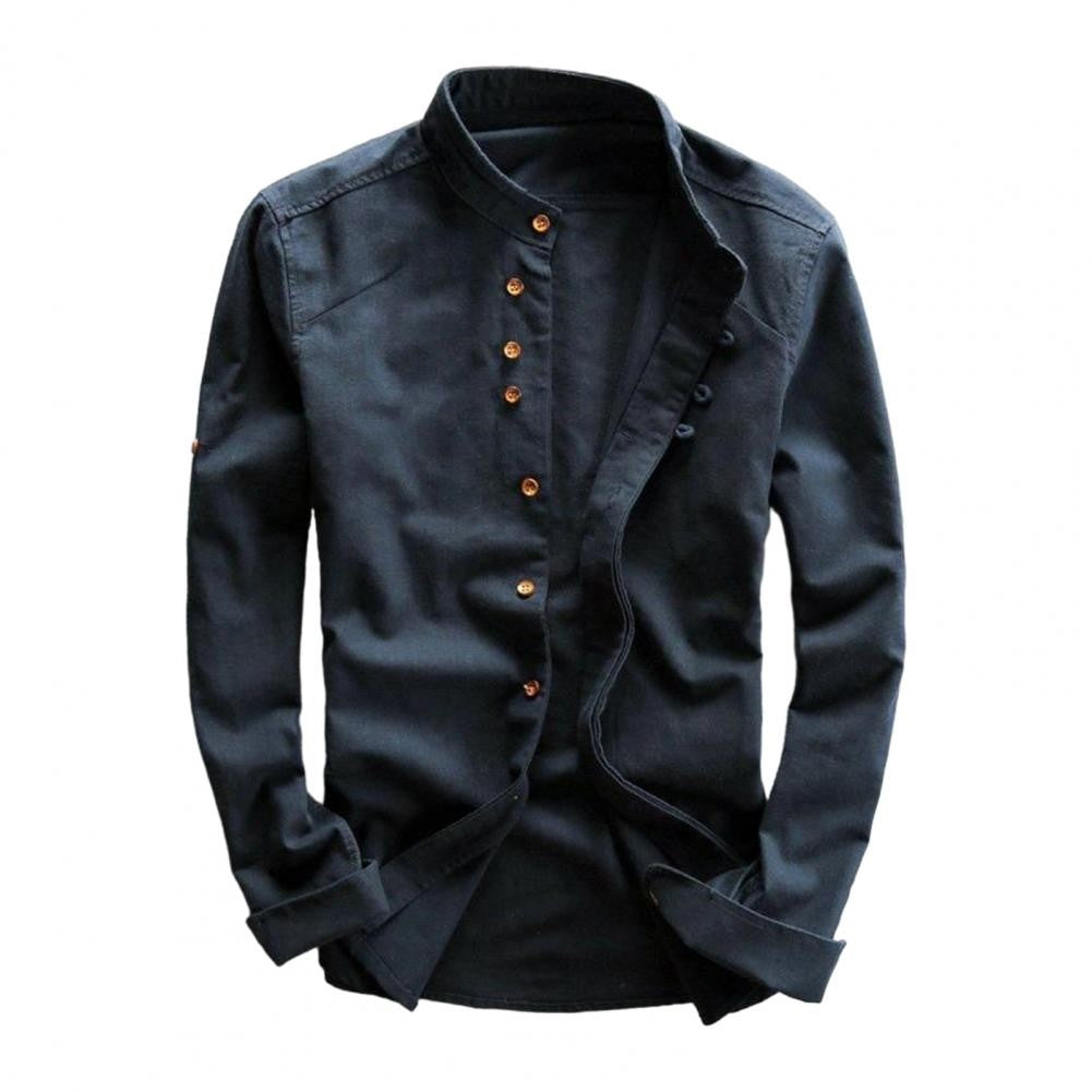 Japan Style Men Cotton Linen Shirt Long Sleeve Slim Fit Single-breasted Cardigan Shirt Harajuku Stand Collar Men Casual Shirts