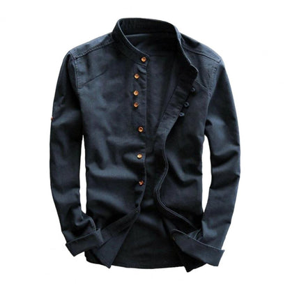 Japan Style Men Cotton Linen Shirt Long Sleeve Slim Fit Single-breasted Cardigan Shirt Harajuku Stand Collar Men Casual Shirts