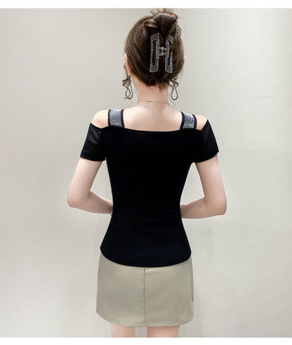 Summer New Fashion Cartoon T-shirt Chic Hollow Out Hot Diamonds Tees Sexy Off Shoulder Short Sleeve Women's Tops Blouse