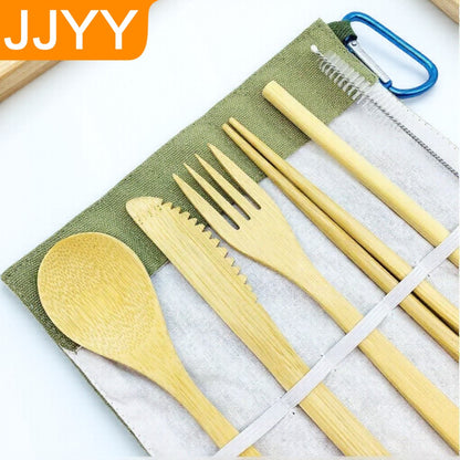 Conjunto Portátil de Talheres Reutilizáveis de Bambu Garfo Faca Colher de Madeira com Estojo de Viagem Utensílios de Cozinha Ecológicos