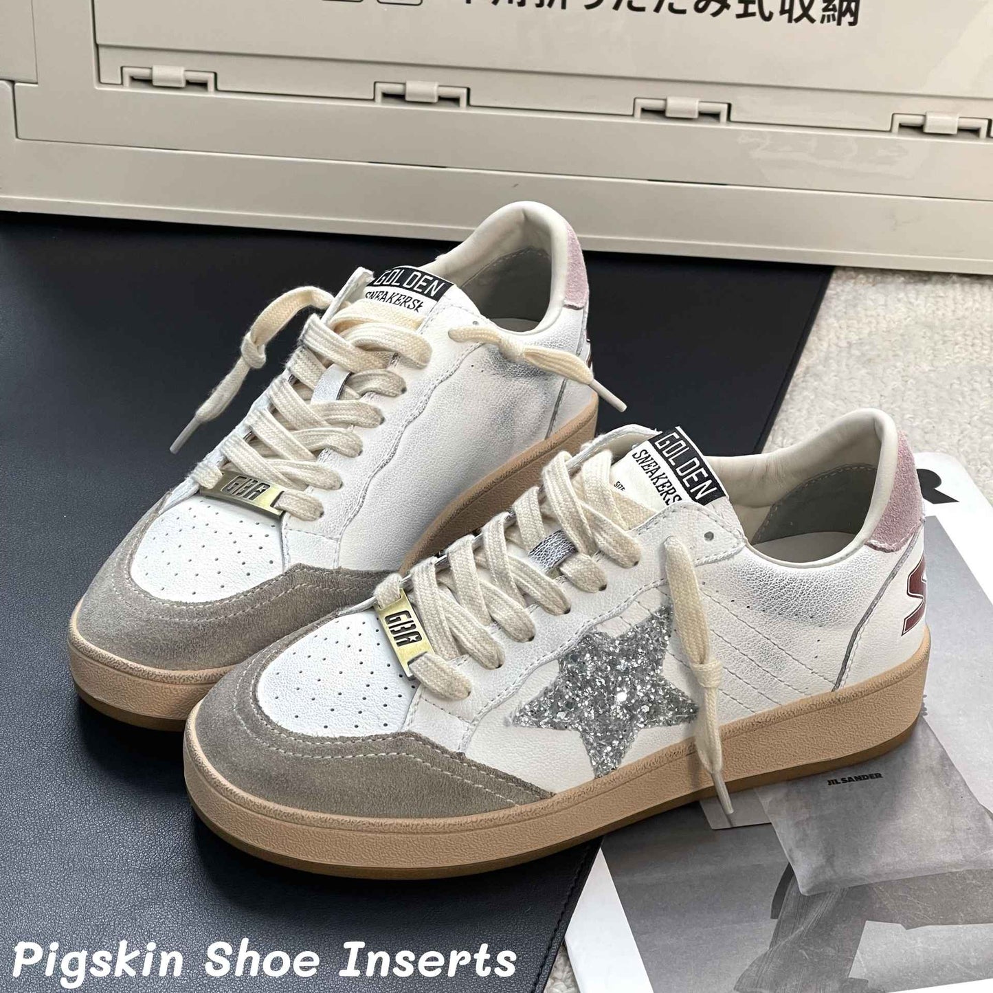 Sapatilhas de Couro Casual de Porco com Estrela Patchwork Cores Esfregadas Estilo Colegial Feminino Branco Antigo