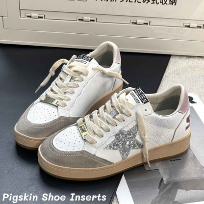 Sapatilhas de Couro Casual de Porco com Estrela Patchwork Cores Esfregadas Estilo Colegial Feminino Branco Antigo