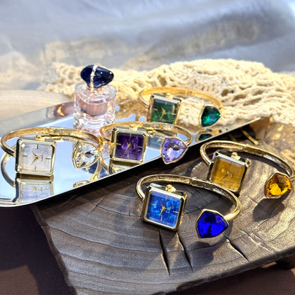 New Ladies Open Bracelet Watch Assorted Shaped Diamond Color Gemstone High-End Quartz Wristwatch Lazy Person's Stylish Timepiece