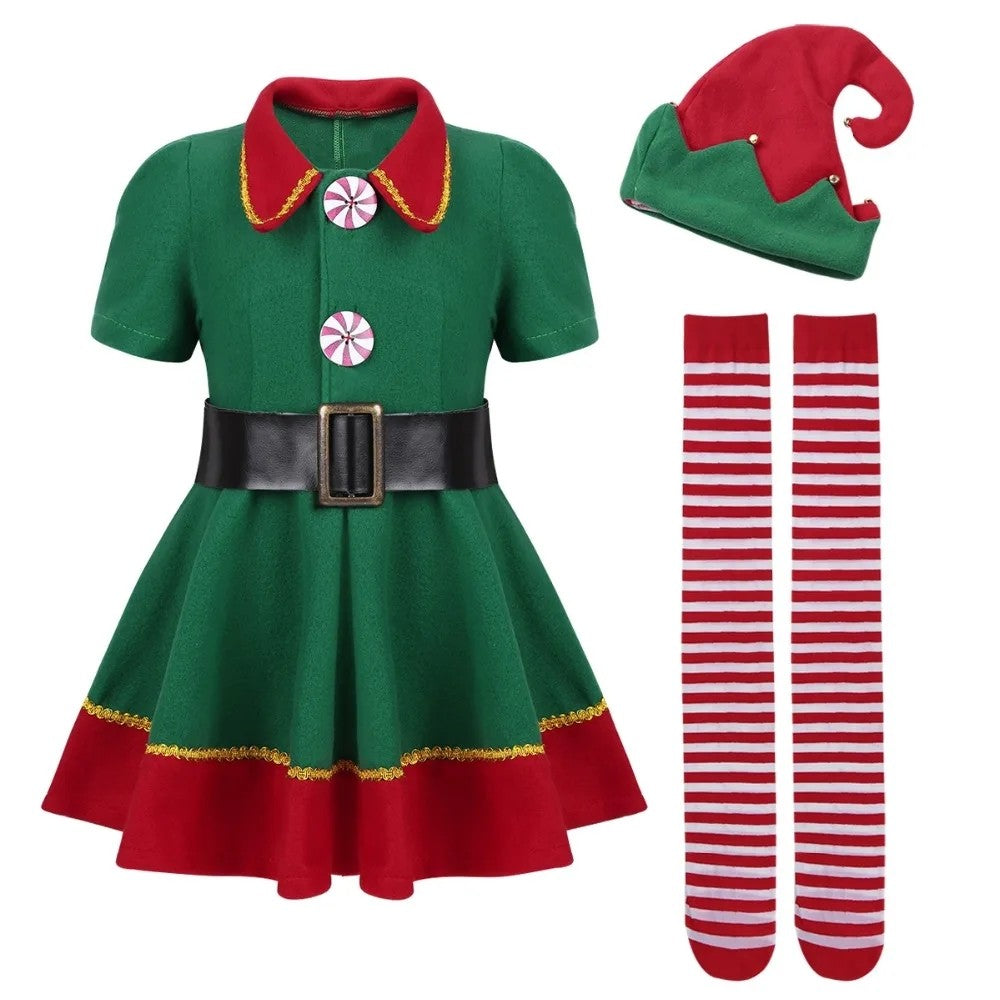 2025 New Christmas Children's and Adult Christmas Elf Costumes, Santa Claus Green Elf Costumes, Cosplay Halloween Costume Set