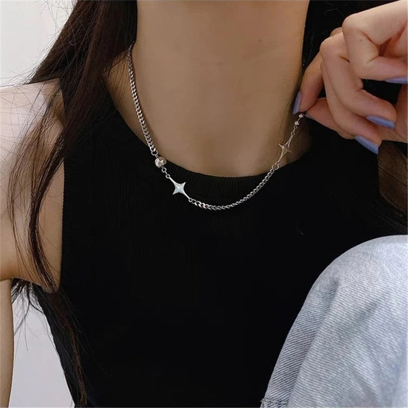 Colar de corrente com pingente de estrela prateado Kpop Gótico para mulheres, homens, Egirl, Y2K, Legal, EMO, Punk, Estética Grunge, Presentes
