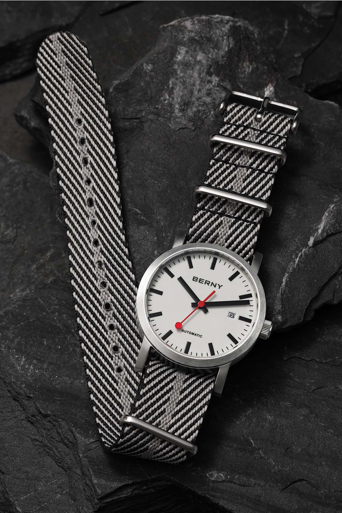 BERNY Automatic Watch Men 40mm Luminous Railway Time Dial MIYOTA 8215 Nylon Strap Sapphire 50M Waterproof Men's Mechanical Watch