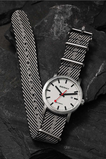 BERNY Automatic Watch Men 40mm Luminous Railway Time Dial MIYOTA 8215 Nylon Strap Sapphire 50M Waterproof Men's Mechanical Watch