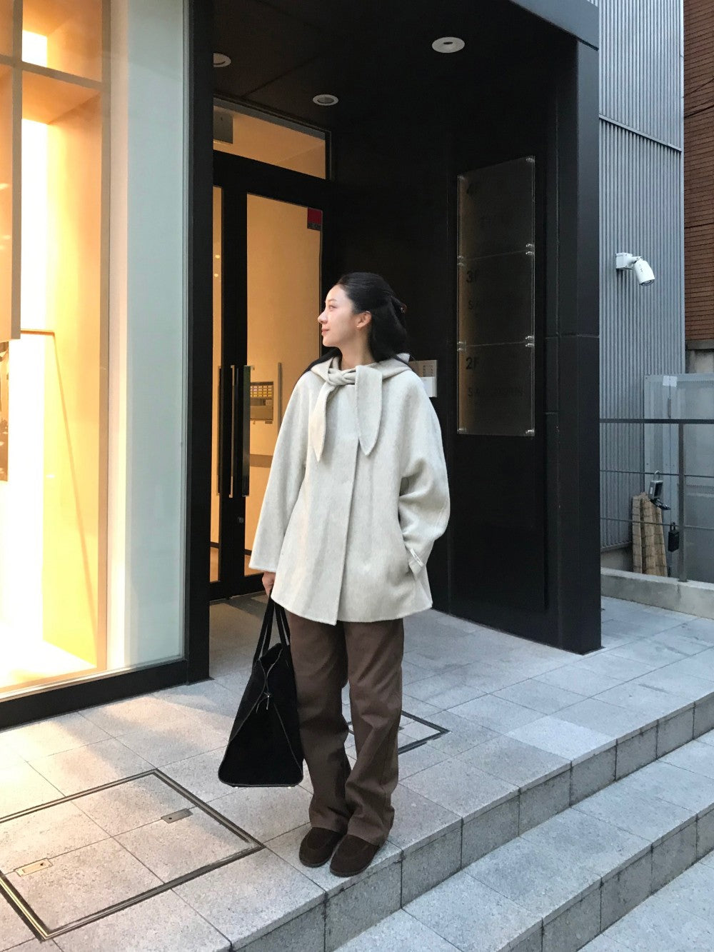 Korean Sle Woolen Coat Women's Chic Temperament Sweet Bow Tie Collar Hooded Warm Woolen Coat Long Sve Mid-Length