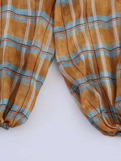 Women's 2025 Autumn Fashion Versatile Ramie Bloomers Plaid Printed Loose Pants Female High-Waist Drawstring Casual Trousers