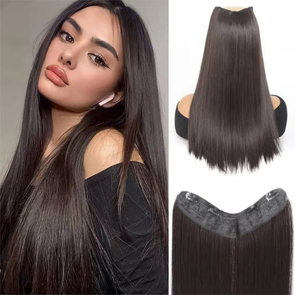 Peruca sintética longa reta em V com meia cabeça adequada para mulheres com cabelo preto e castanho, com presilha, preta, castanha, natural