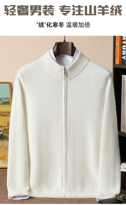 500g 100% Pure Cashmere Sweater Men's Seven-Needle Double-Ply Thickened Half-Turtle Neck Zipper Cardigan Loose Knitted Sweater