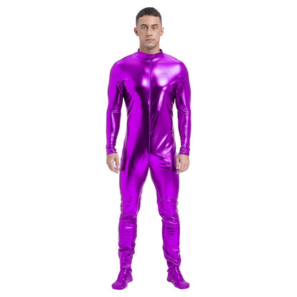 Men's Shiny Metallic Zentai Dress-up Jumpsuit Cosplay Costume Performance Stage Disco Clubwear Full Body Unitard Tights Leotard