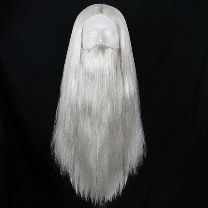 Peruca de Cosplay e Barba Longa Cinza Prateada Sintética, Lisa e Longa, para Personagem Mago, Estilização de Personagem de Mago, Adequada para Roupa de RPG