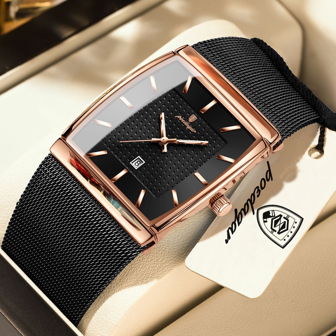 POEDAGAR Top Luxury Men Watch Stainless Steel Mesh Date Waterproof Luminous Man Wristwatch Casual Rectangle Quartz Men's Watches