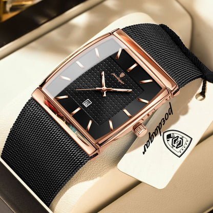 POEDAGAR Top Luxury Men Watch Stainless Steel Mesh Date Waterproof Luminous Man Wristwatch Casual Rectangle Quartz Men's Watches