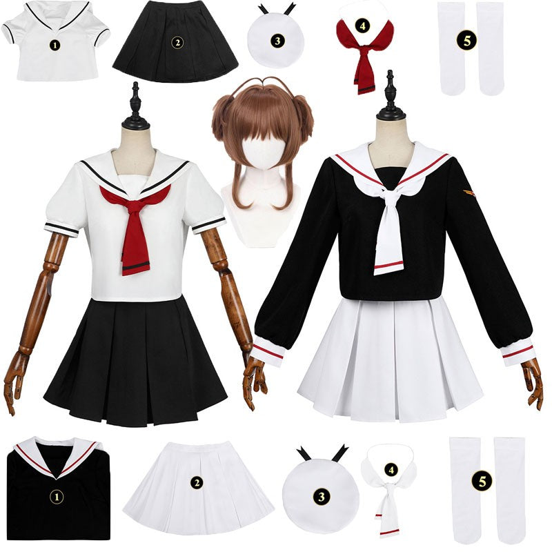 Women Spring Summer Sailor JK Uniform Full Set, Japanese Academy Outfit with Top Pleated Skirt Hat Bow Tie Socks