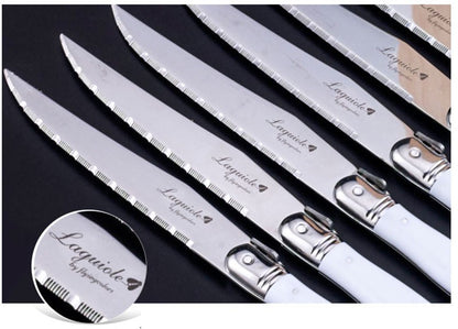 Conjunto de Facas de Churrasco Laguiole em Aço Inoxidável 6/7 Peças, Facas de Churrasco com Suporte de Madeira, Faca de Jantar de Aço, Conjunto de Talheres Coloridos de Natal