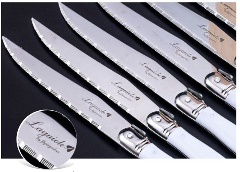 Conjunto de Facas de Churrasco Laguiole em Aço Inoxidável 6/7 Peças, Facas de Churrasco com Suporte de Madeira, Faca de Jantar de Aço, Conjunto de Talheres Coloridos de Natal