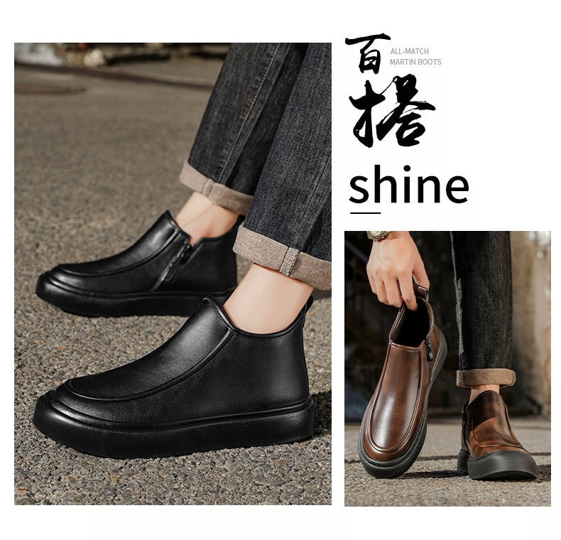 2025 Autumn New Leather Short Boots, Mid-calf Zipper Casual Outdoor Shoes, Anti-slip and Wear-resistant Men's Work Boots