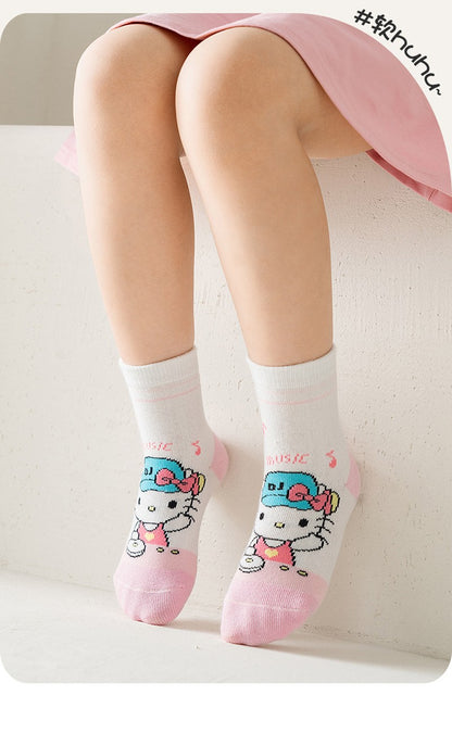 5 pares de meias de algodão de cano médio Kawaii Sanrio Cinnamoroll Kuromi para meninas e meninos, meias de algodão de cano médio de desenho animado para primavera e outono