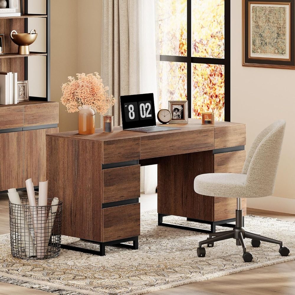 59 Modern administrative desk with drawers, wooden computer desk with charging station, home desk with file drawers