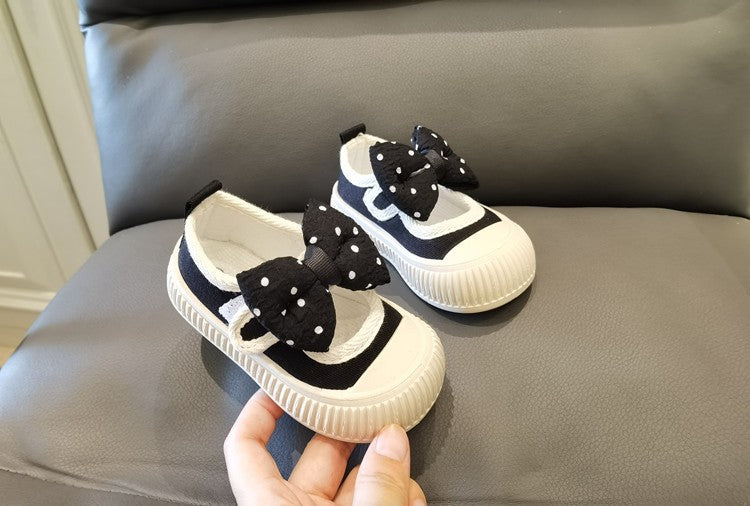 Girls Fashion Shoes Canvas Sneaker Kids Polka Dot Bow Princess Flats Breathable Baby Shoes Student Soft Sole Casual Spring Shoes